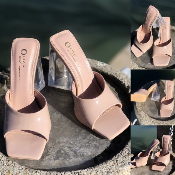 NEW Patent Clear Triangle High Block Heel Square Toe Slip On Sandals Mules Shoes - Picture 8 of 10